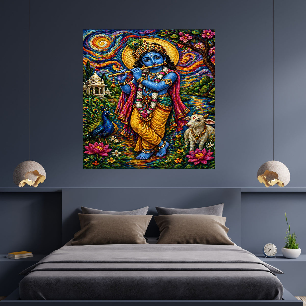 Lord Krishna Wall Art Printable | Embossed Textile Wool Felt 3D Texture Bansuri Flute Peacock Calf Starry Night Swirling Sky Garden Temple | Hindu Folk Art Spiritual Decor Gift