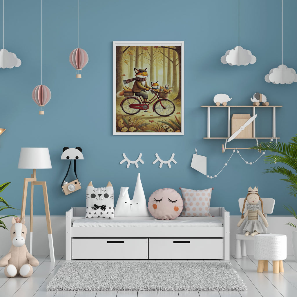 Fox Father and Kit Autumn Forest Bicycle Ride Wall Art Bundle, Commercial Use Dapper Fox Flat Cap Scarf Vintage Red Bike Golden Woodland Nursery Poster, Cosy Storybook Animal Cycling POD Print, Digital Download, 300 DPI