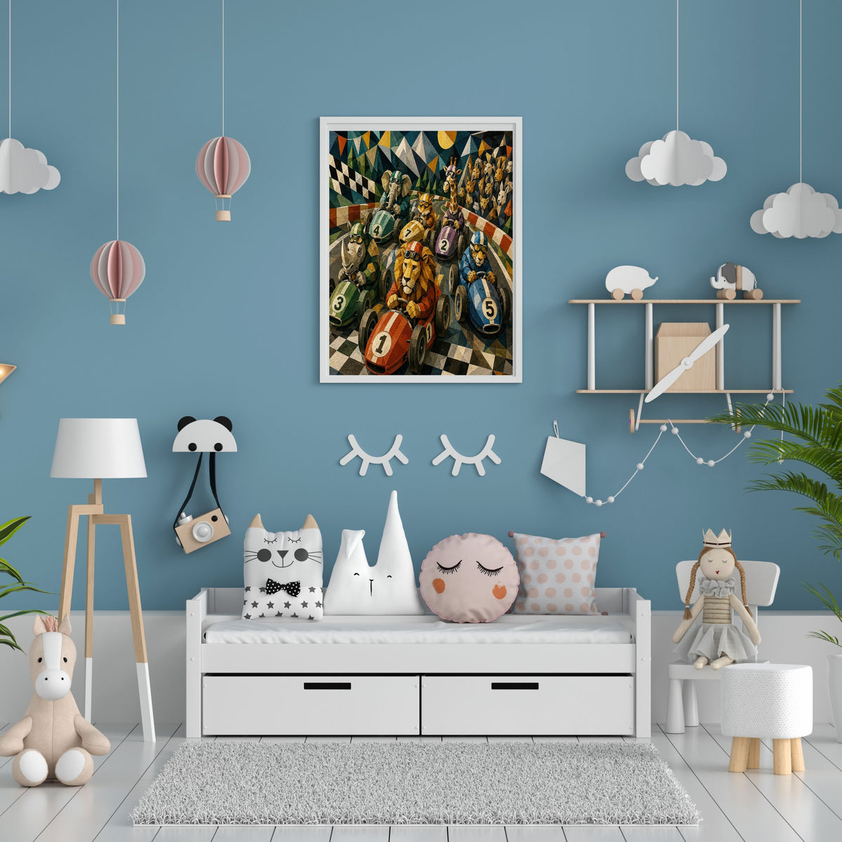 Safari Animal Grand Prix Kart Racing Wall Art Printable, Geometric Low-Poly Lion Cheetah Elephant Giraffe Rhino Race Car Kids Nursery Poster, Bold Racing Home Decor Print, Digital Download, 300 DPI