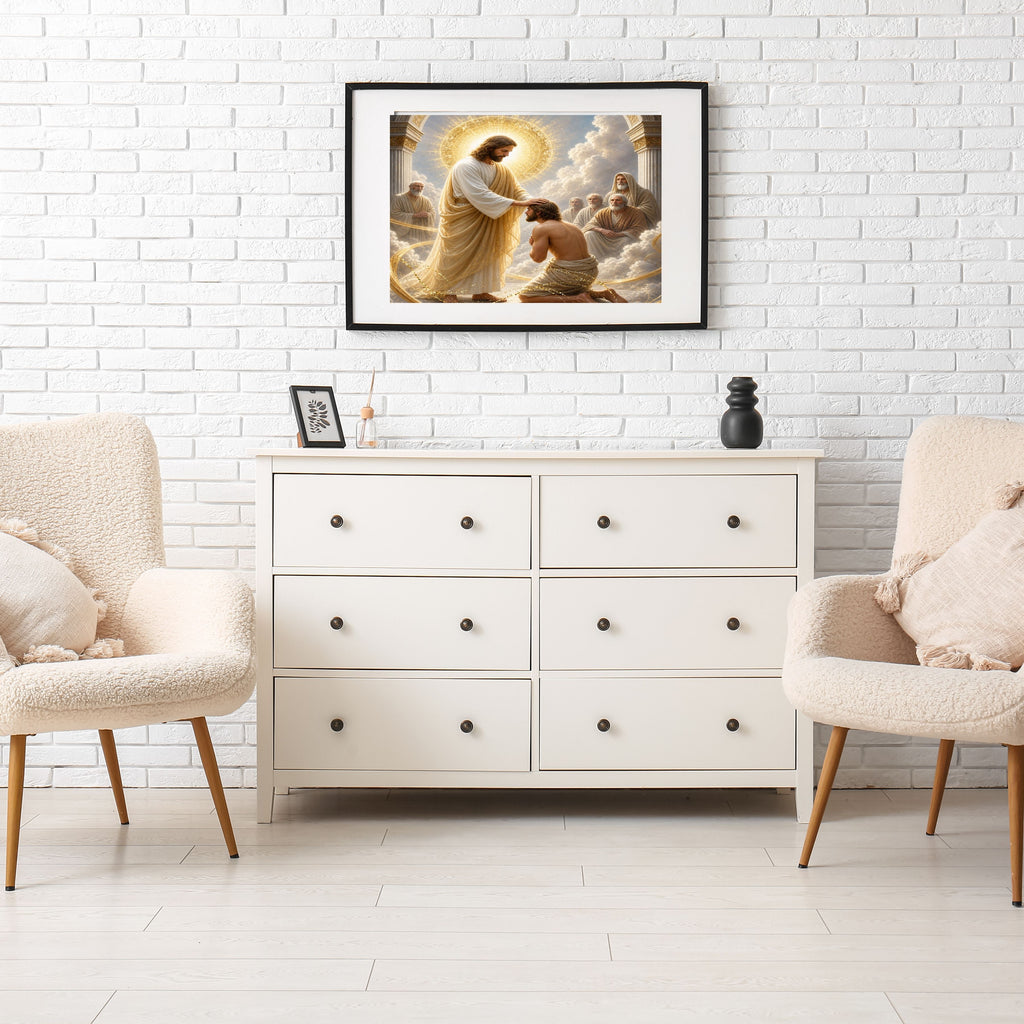 Jesus Blessing Kneeling Man Wall Art Printable | Laying on of Hands Divine Ordination Healing Touch Gold Arch Throne Room Print | Christian Faith Spiritual Gift Decor