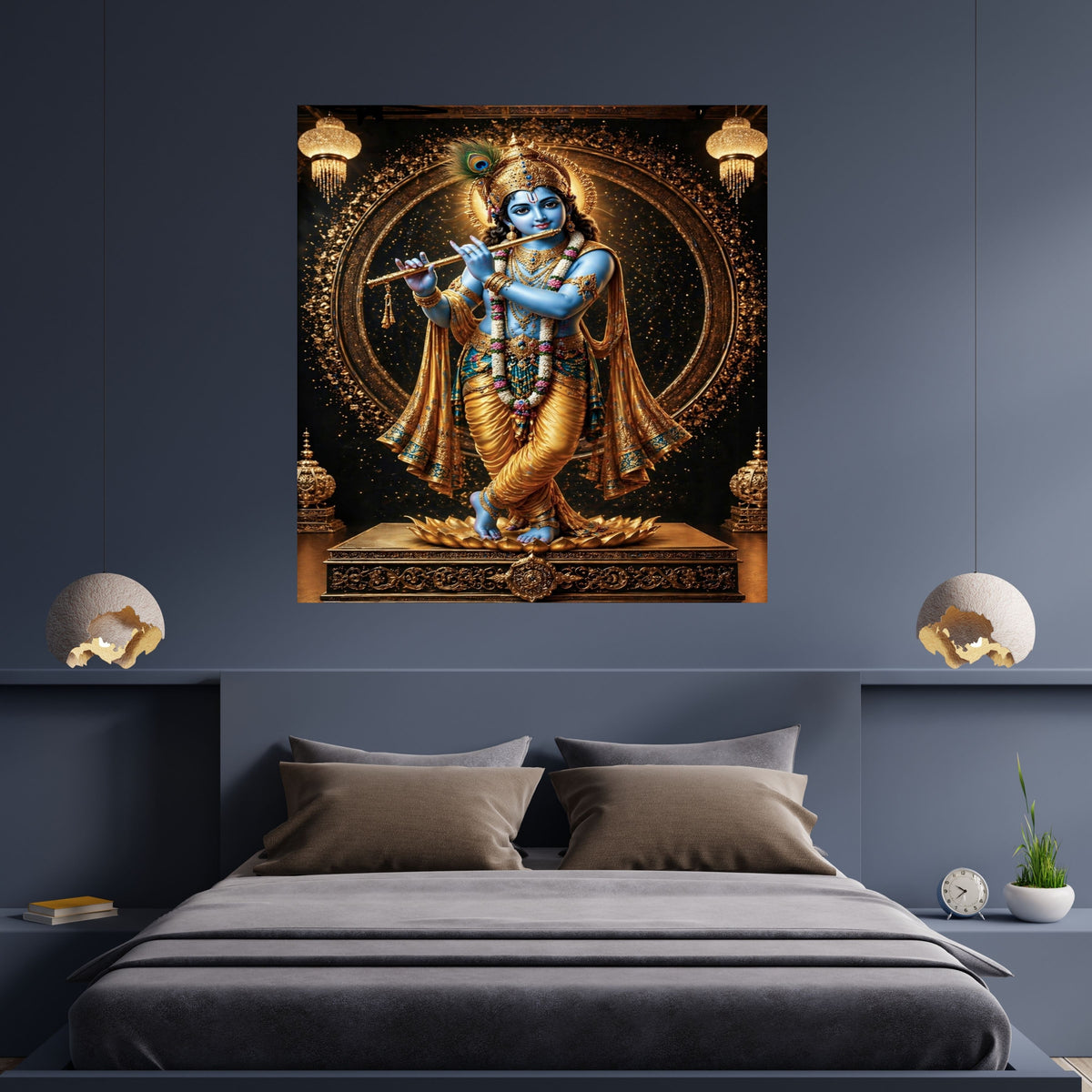Lord Krishna Wall Art Printable | Krishna Playing Flute Blue Skin Peacock Feather Crown Gold Regalia Lotus Pedestal Dark Mandala Temple | Hindu Pooja Room Spiritual Decor Gift