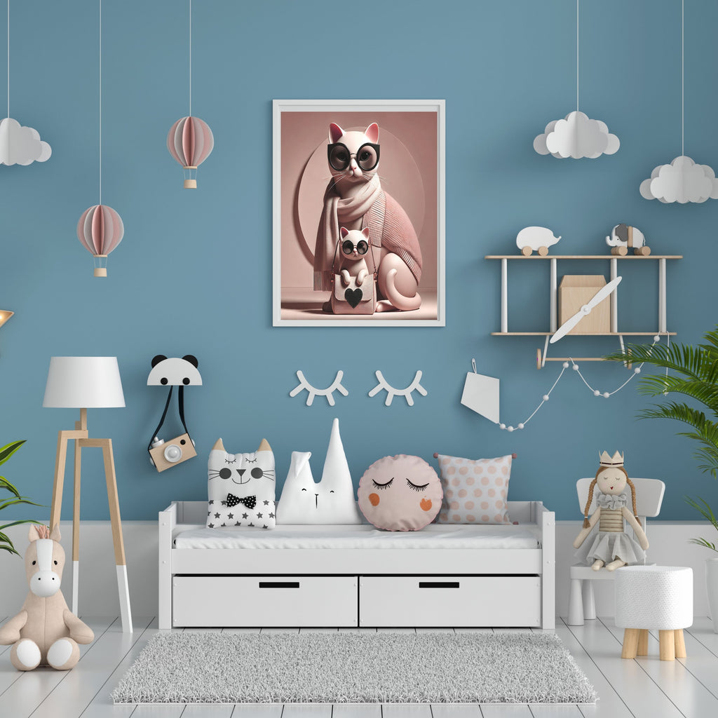 Fashionable Cat Mother and Kitten Wall Art Bundle, Commercial Use Cute Cat Sunglasses Pink Scarf Heart Bag Nursery Poster, Blush Pink Cat Lover POD Print, Digital Download, 300 DPI