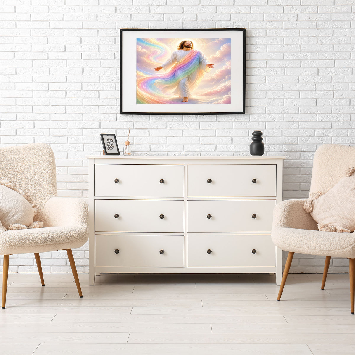 Jesus Rainbow Covenant Wall Art Printable | Iridescent Rainbow Mantle Pastel Cloud Upward Gaze Print | Hope Promise Dreamy Nursery Christian Decor