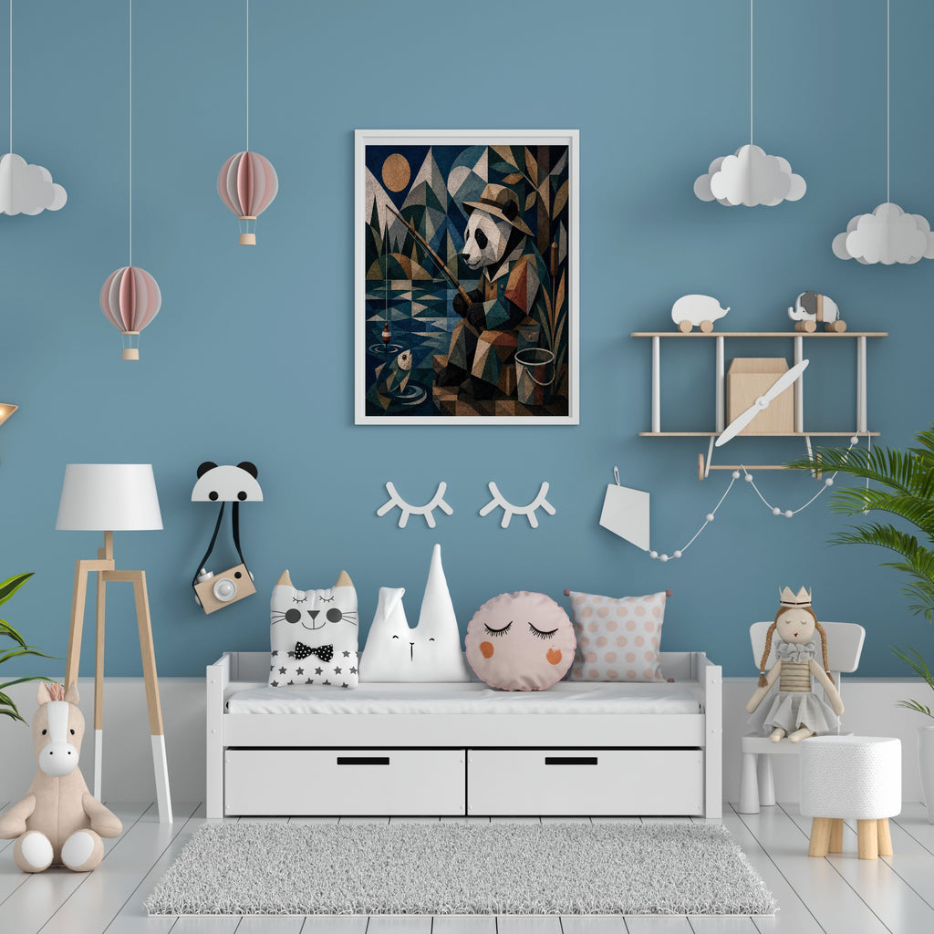 Art Deco Panda Fisherman Wall Art Printable, Whimsical Nocturnal Panda Fishing by Moonlight Poster, Quirky Animal Home Decor Print, Digital Download, 300 DPI