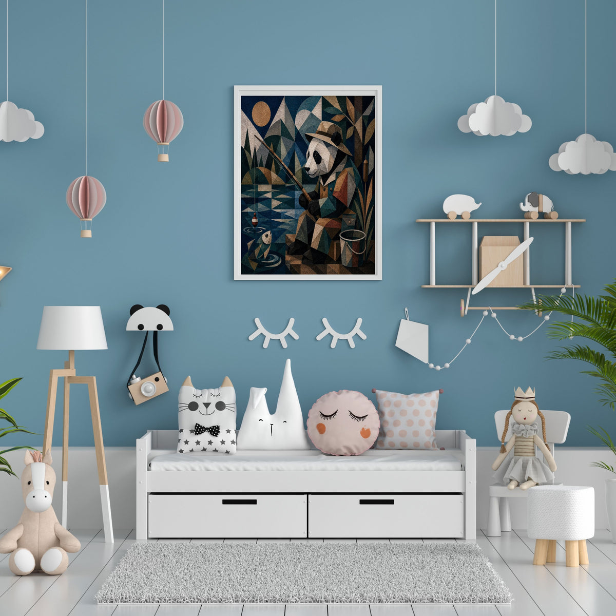 Art Deco Panda Fisherman Wall Art Printable, Whimsical Nocturnal Panda Fishing by Moonlight Poster, Quirky Animal Home Decor Print, Digital Download, 300 DPI
