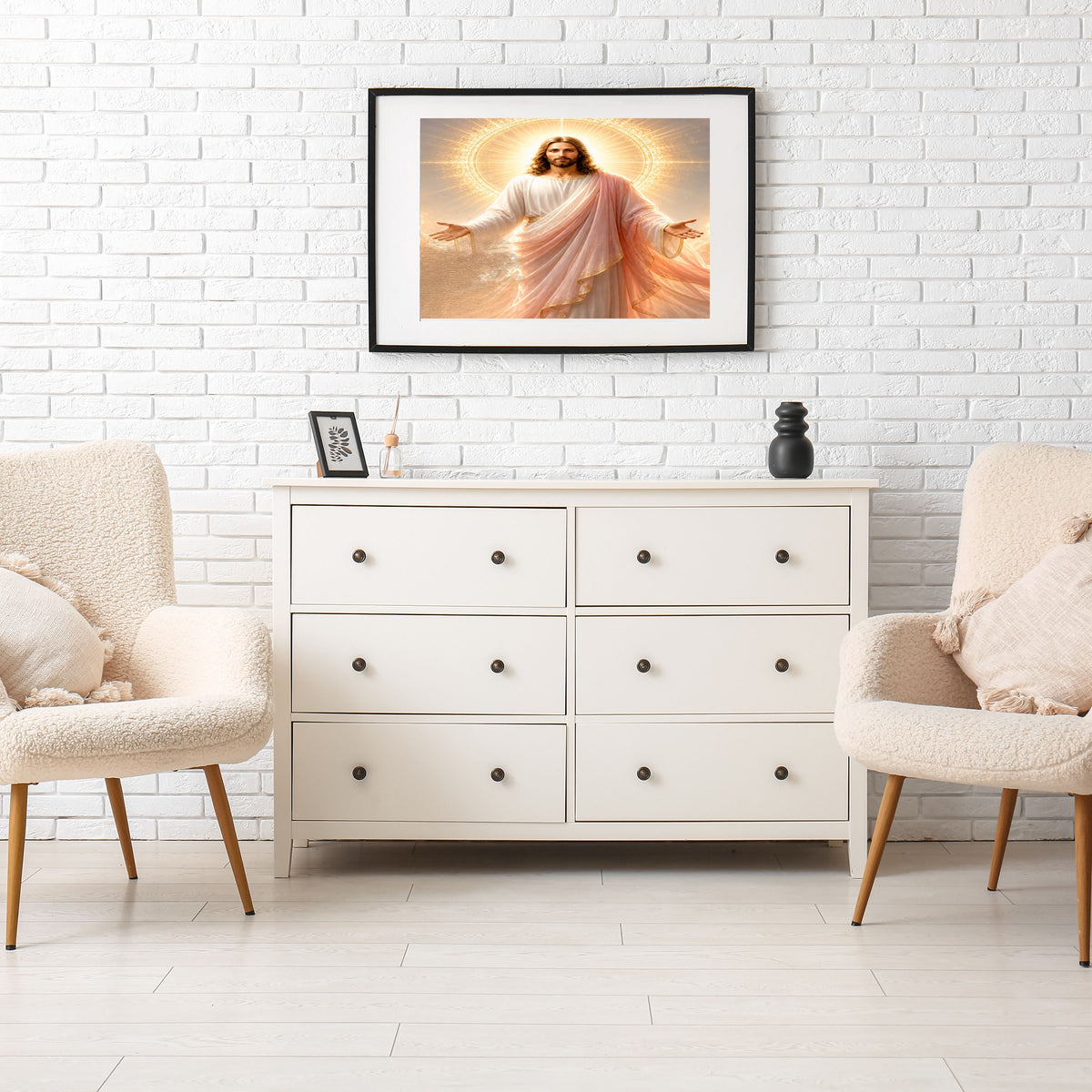 Jesus Light of the World Wall Art Printable | Smiling Direct Gaze Sunburst Cross Halo Print | Peach Mantle Gold Trim Divine Mercy Sacred Heart Decor