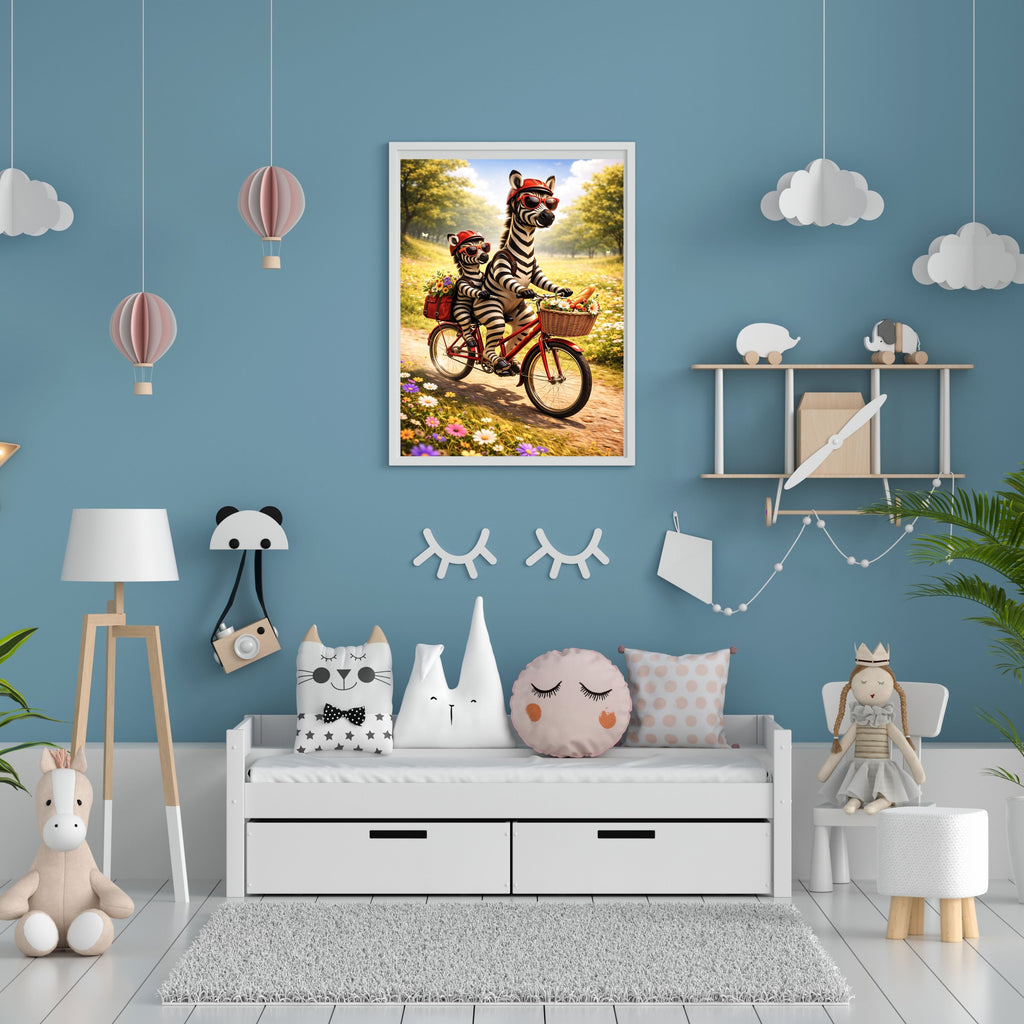 Zebra Mother and Foal Bicycle Adventure Wall Art Printable, Cute Zebra Red Helmet Sunglasses Wildflower Meadow Bike Ride Kids Nursery Poster, Safari Animal Cycling Home Decor Print, Digital Download, 300 DPI