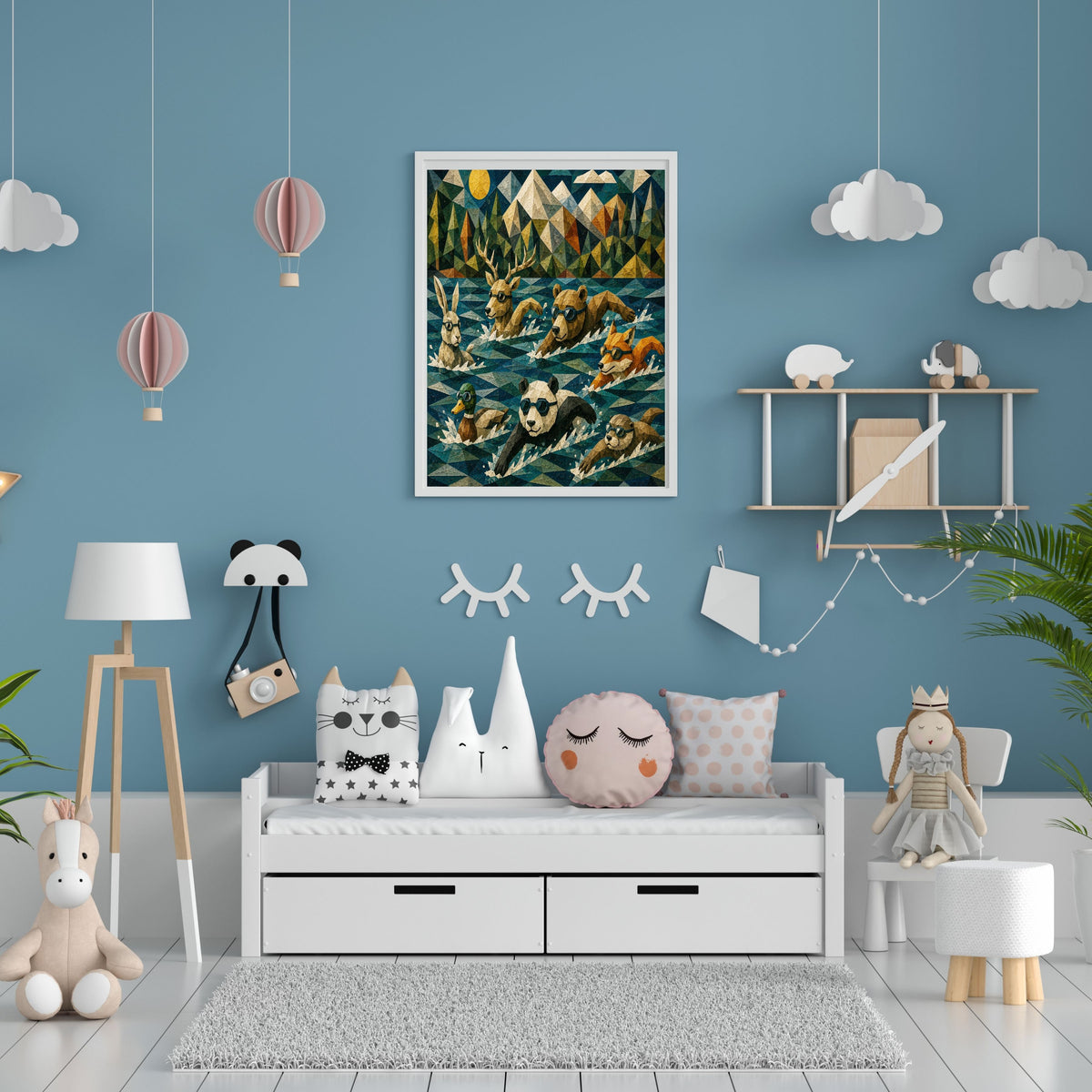 Woodland Animal Swimming Race Wall Art Bundle, Commercial Use Geometric Low-Poly Panda Bear Stag Fox Rabbit Duck Otter Goggle Swim Nursery Poster, Athletic Adventure POD Print, Digital Download, 300 DPI