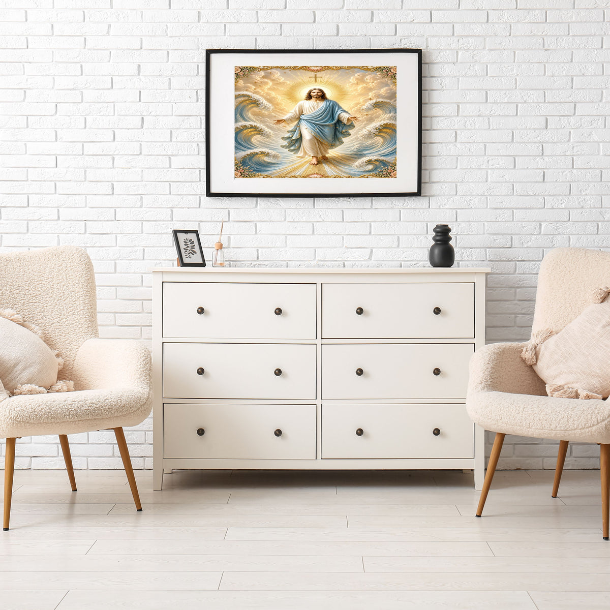 Jesus Lord of the Waves Wall Art Printable | Sky-Blue Mantle Parting Ocean Baroque Gold Border Seashell Frame Print | Sovereign over Storms Christian Coastal Faith Decor
