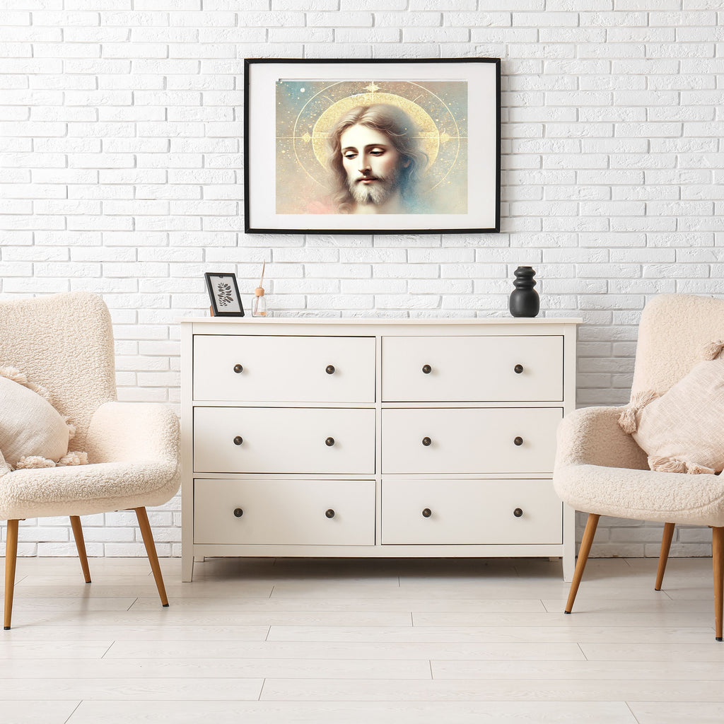 Jesus Face Portrait Wall Art Printable | Close Up Contemplative Jesus Pastel Watercolour Gold Oval Halo Four-Point Star | Christian Peaceful Face Devotional Decor Gift