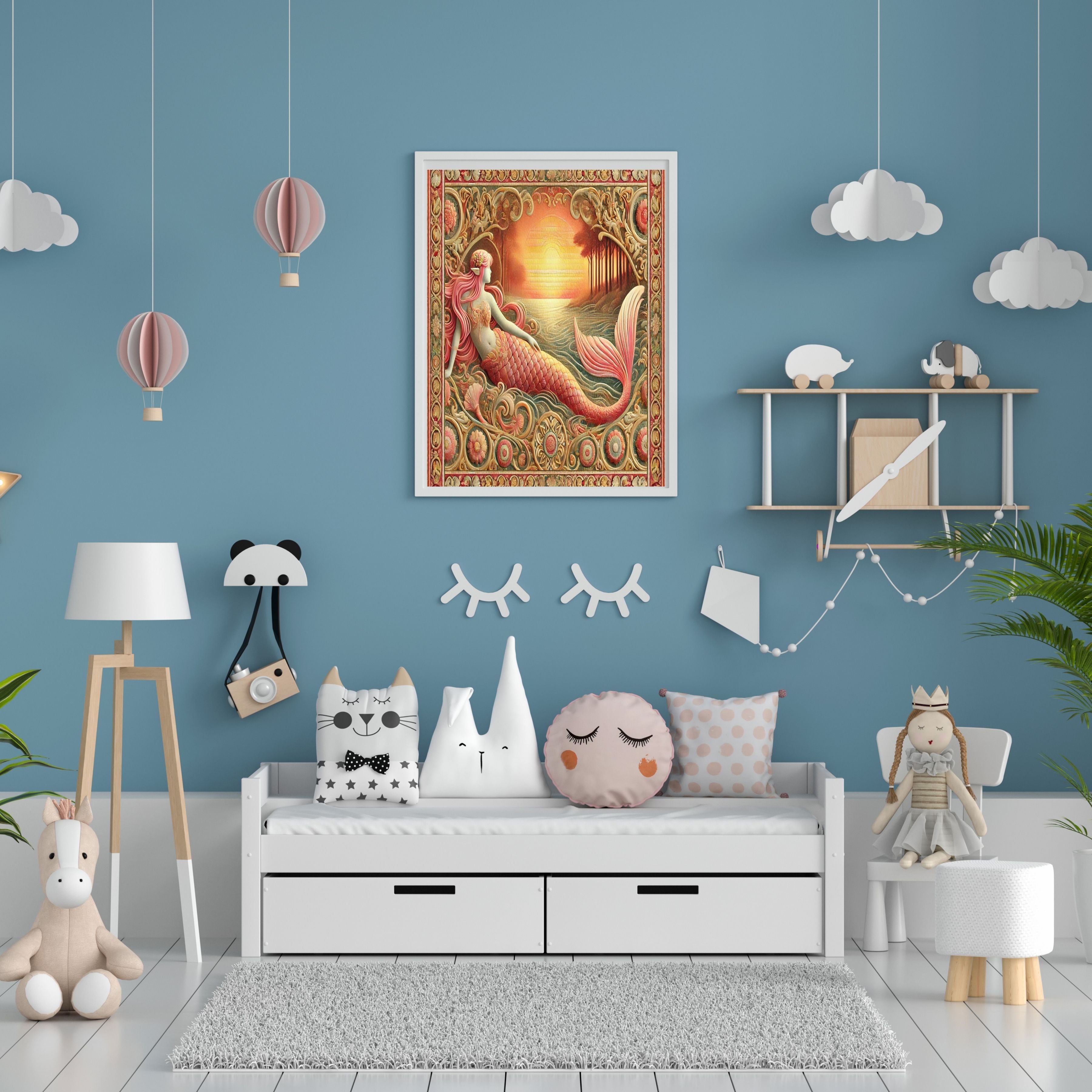 Mermaid Wall Art Printable, Mermaid Nursery Decor, Under the Sea Wall Hanging, Girls Room Decor, Ocean Theme Kids Wall Art, Mermaid Poster Printable, Instant Download|kwd4
