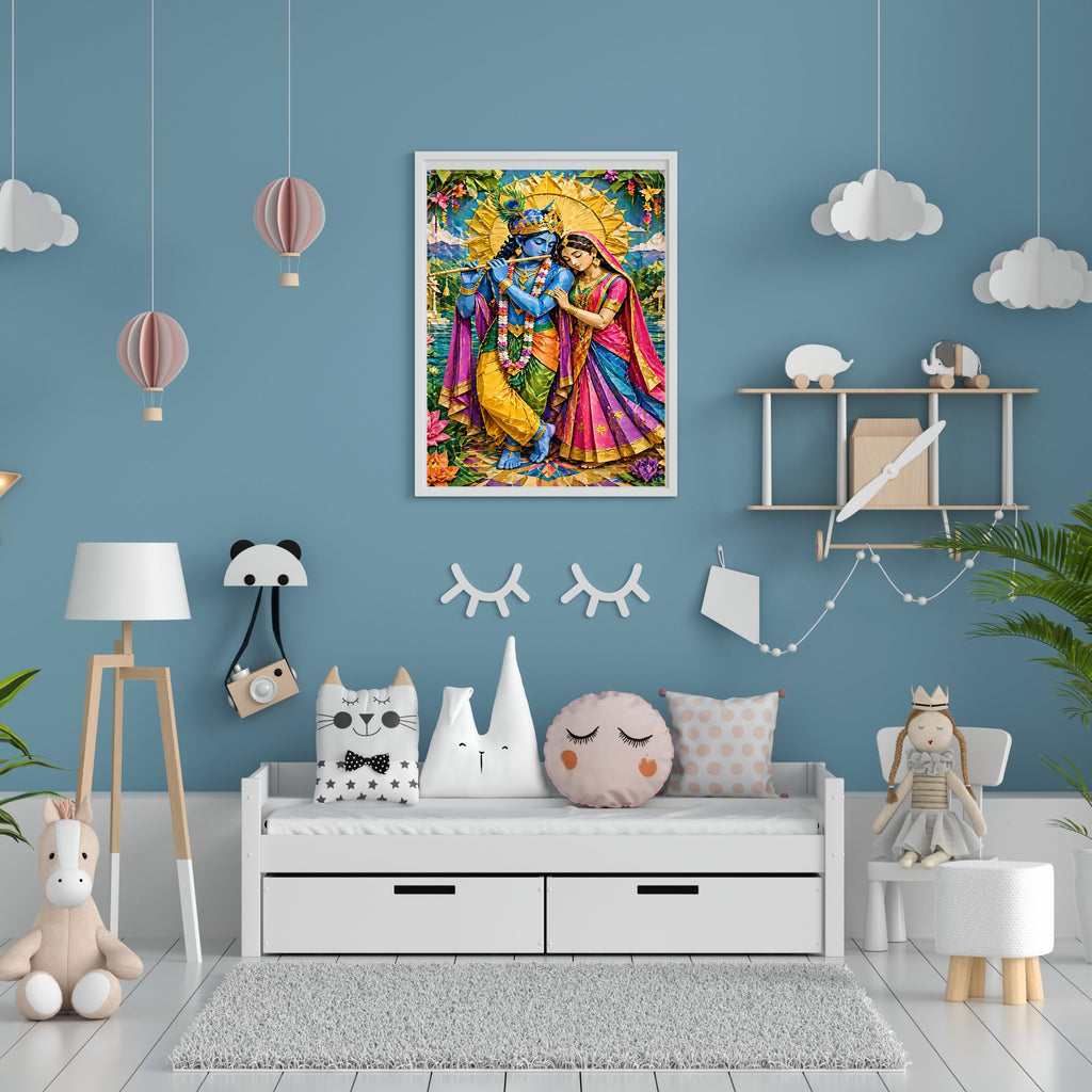 Paper Craft Radha Krishna Wall Art Printable | Colourful Quilling Folk Art Couple Bansuri Lotus Temple Sunburst Halo | Vibrant Hindu Love Spiritual Decor Gift