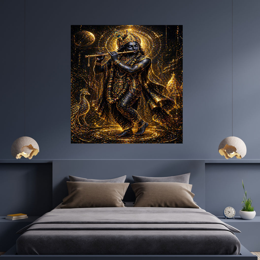 Dark Krishna Wall Art Commercial Use Bundle | Black Gold Luxury Glow Bansuri Flute Peacock Halo Moon Night | Hindu Dark Aesthetic Luxury POD Acrylic Metal Etsy Resell License