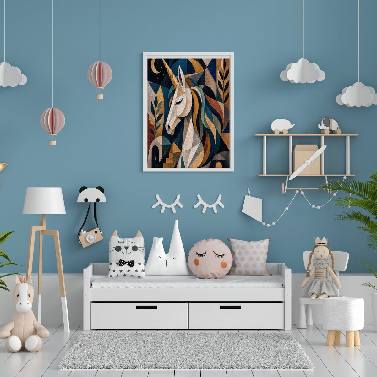 Art Deco Geometric Unicorn Wall Art Printable, Midnight Navy Gold Kids Poster, Mosaic Unicorn Nursery Print, Instant Digital Download, 300 DPI
