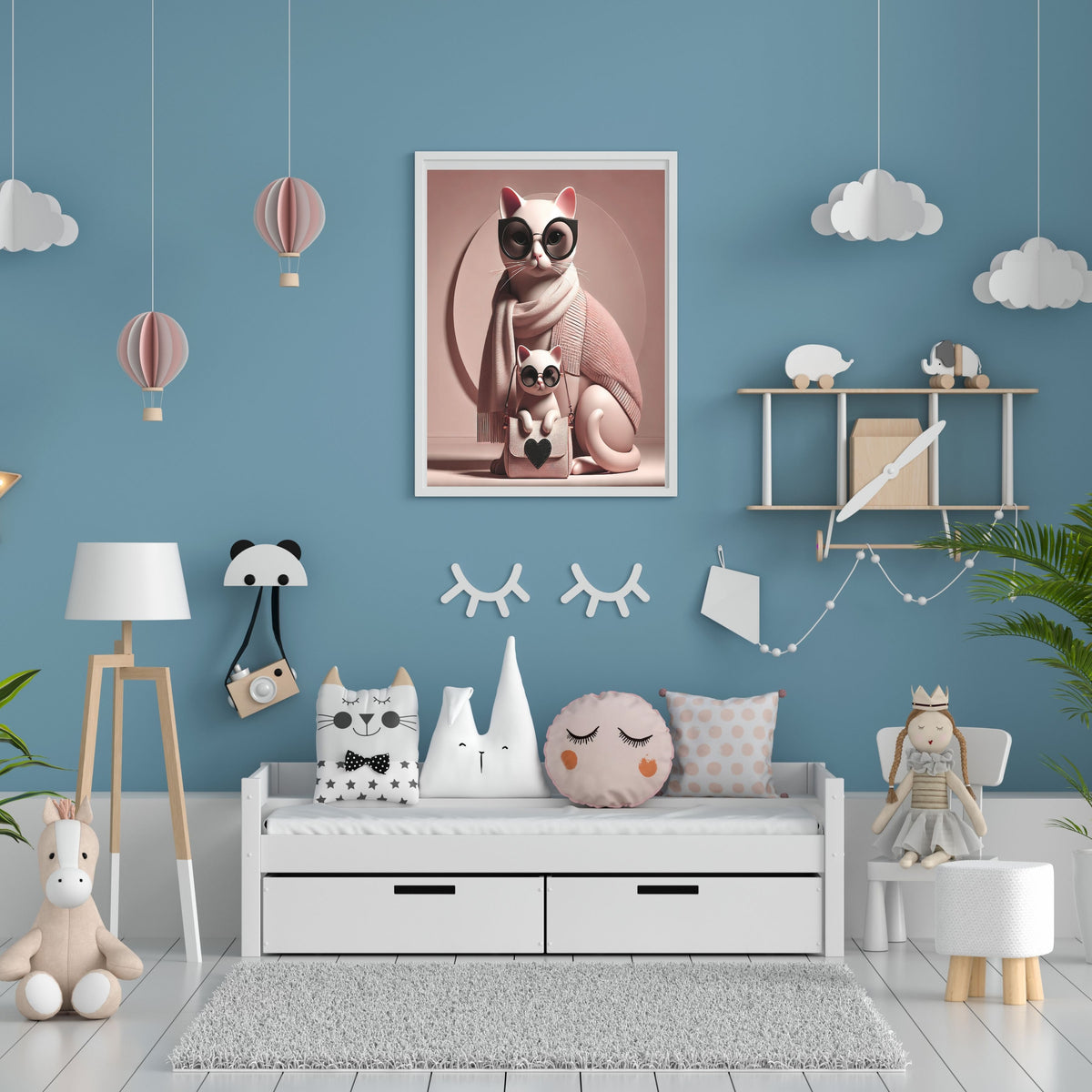 Fashionable Cat Mother and Kitten Wall Art Printable, Cute Cat with Sunglasses Pink Scarf Heart Bag Nursery Poster, Blush Pink Cat Lover Home Decor Print, Digital Download, 300 DPI