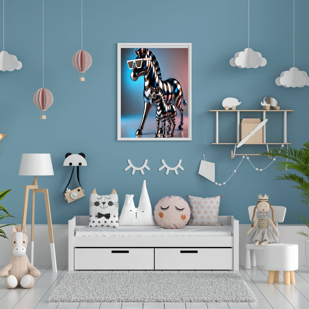 Chrome Metallic Zebra Mother and Foal Wall Art Bundle, Commercial Use Futuristic 3D Zebra Sculpture Sunglasses Neon Studio Glow Modern Luxury Safari Poster, Animal POD Print, Digital Download, 300 DPI