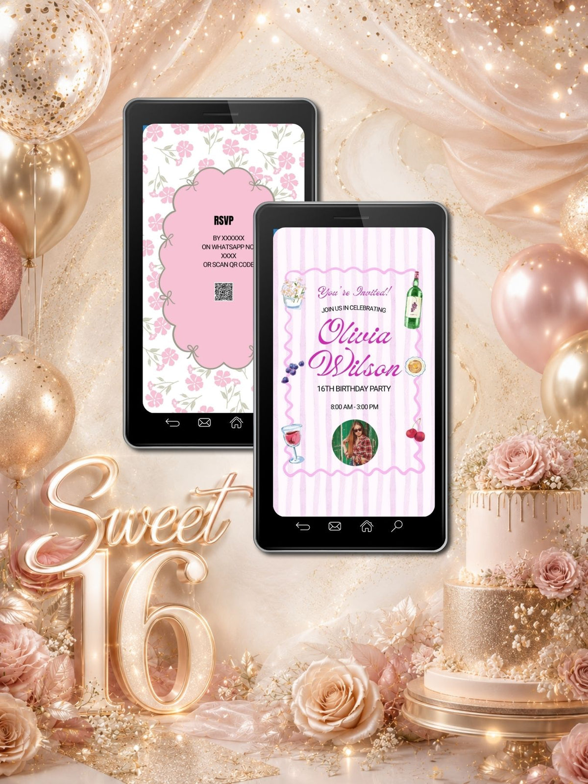 Pink Stripe Coquette Bow Sweet 16 Birthday Party Video Invitation | Food Drink Illustrations | Scallop Border | Editable Canva Template | Instant Download