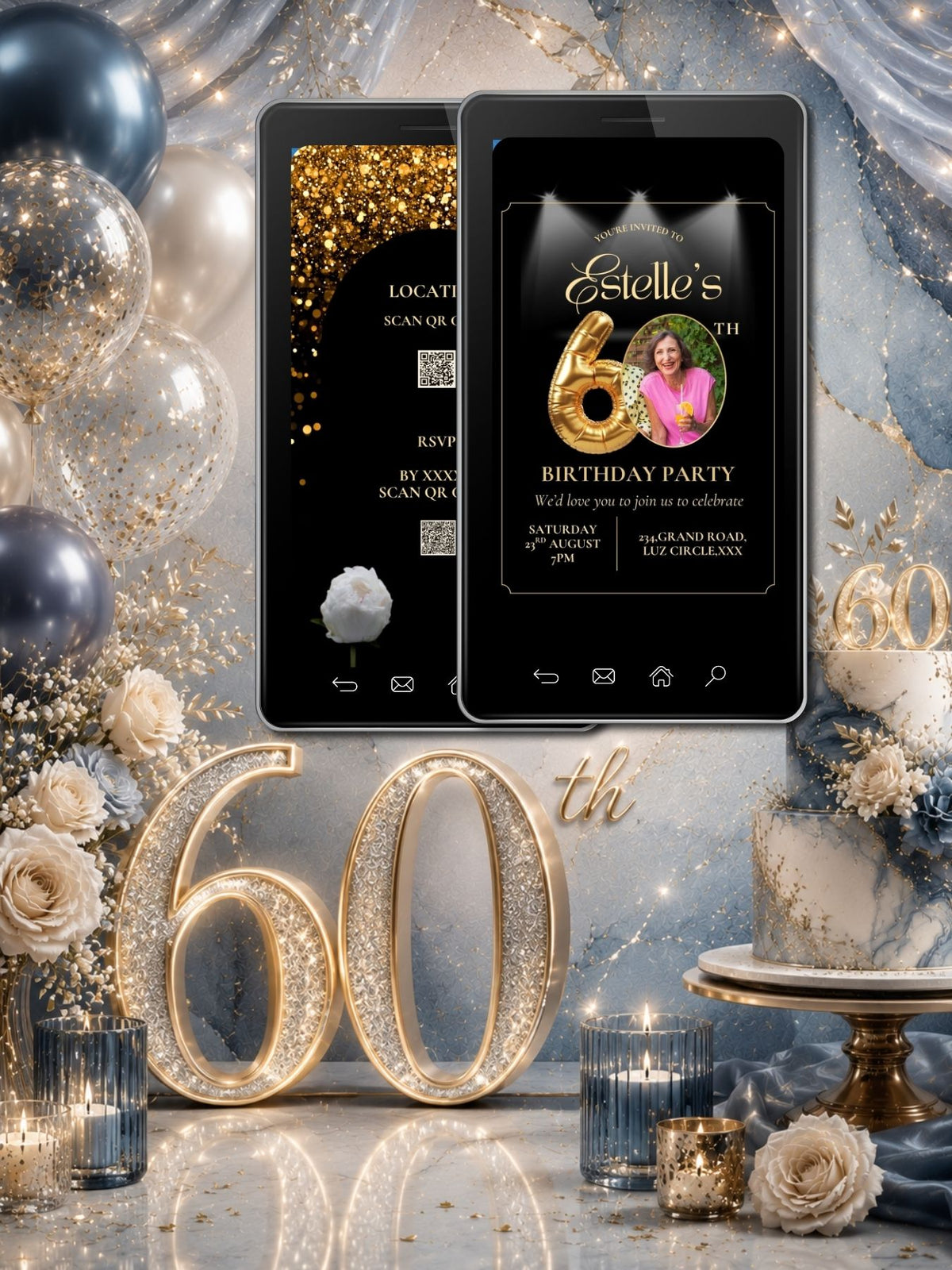 Editable 60th birthday video invitation template by ikonikdesigner featuring photo, music, QR code for milestone celebration.