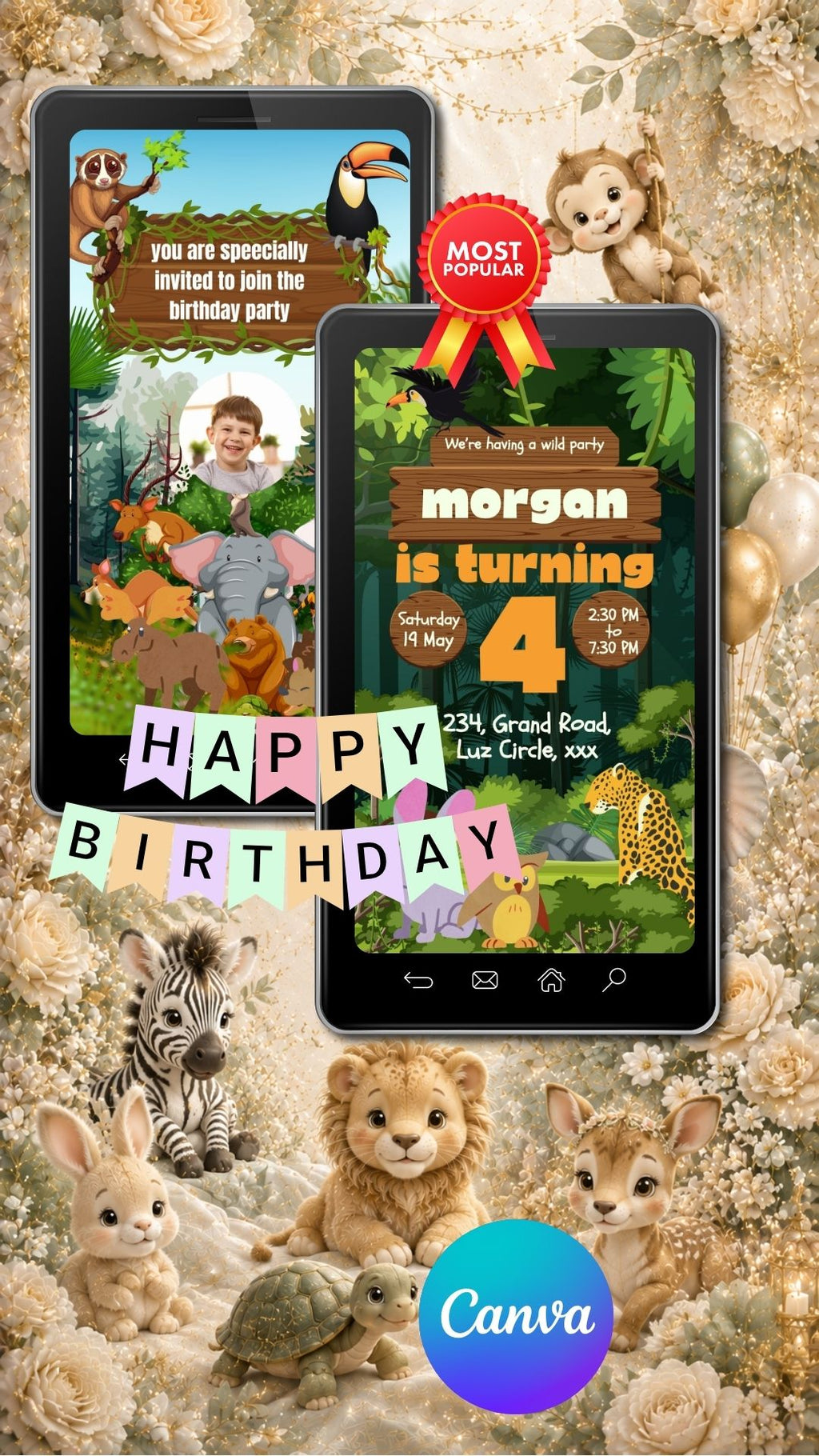 Jungle Safari Birthday Invitation Video | Canva Template | Commercial License | Wild Animal Party Invite
