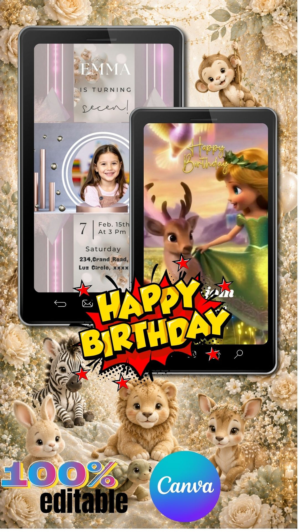 Colorful Animal Birthday Invitation Video | Editable Canva Template | Fun Kids Party Invite | Instant Download