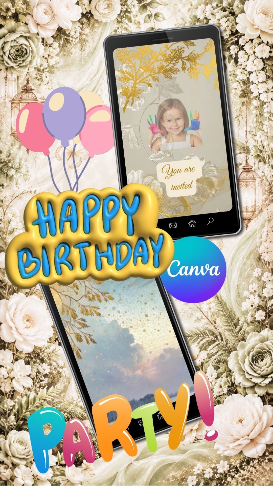 Vintage Floral Gold Birthday Invitation Video | Editable Canva Template | Elegant Rose Kids Party Invite | Instant Download