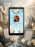 Sky Blue White Roses Dove Memorial Service Video Invitation | In Loving Memory Of | Gold Frame Arched Photo | Editable Canva Template | Instant Download