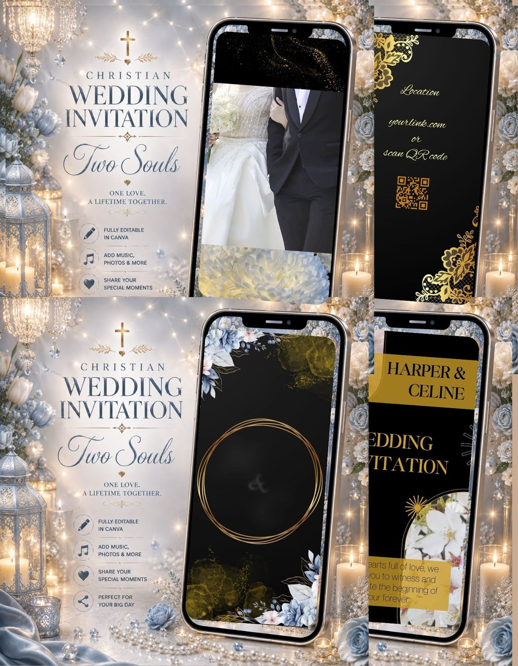 Christian Wedding Invitation Video Template Canva | Two Souls One Love | Black Gold Animated Invite | Personal Use