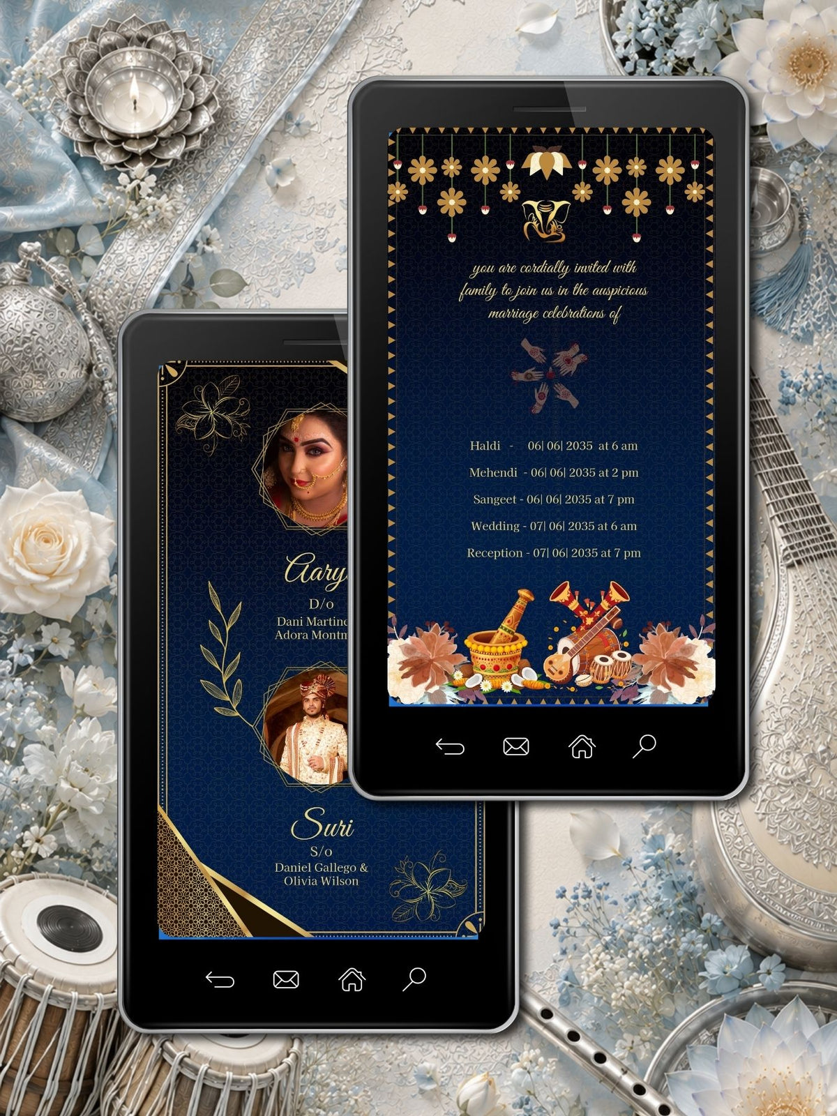 Hindu Wedding Invitation Video Template Canva | Navy Gold Ganesh Diamond Frame | Haldi Mehndi Sangeet Animated Invite | Personal Use