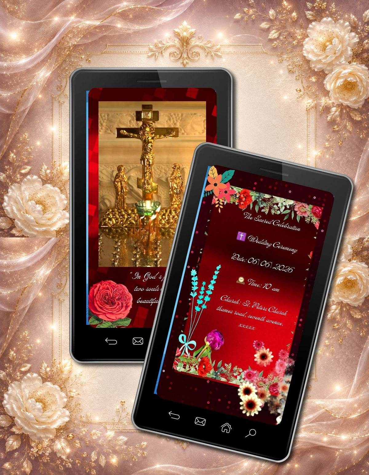Christian Wedding Invitation Video Template Canva | Sacred Crimson Red Rose Jesus Cross | Floral Church Ceremony Animated Invite | Personal Use