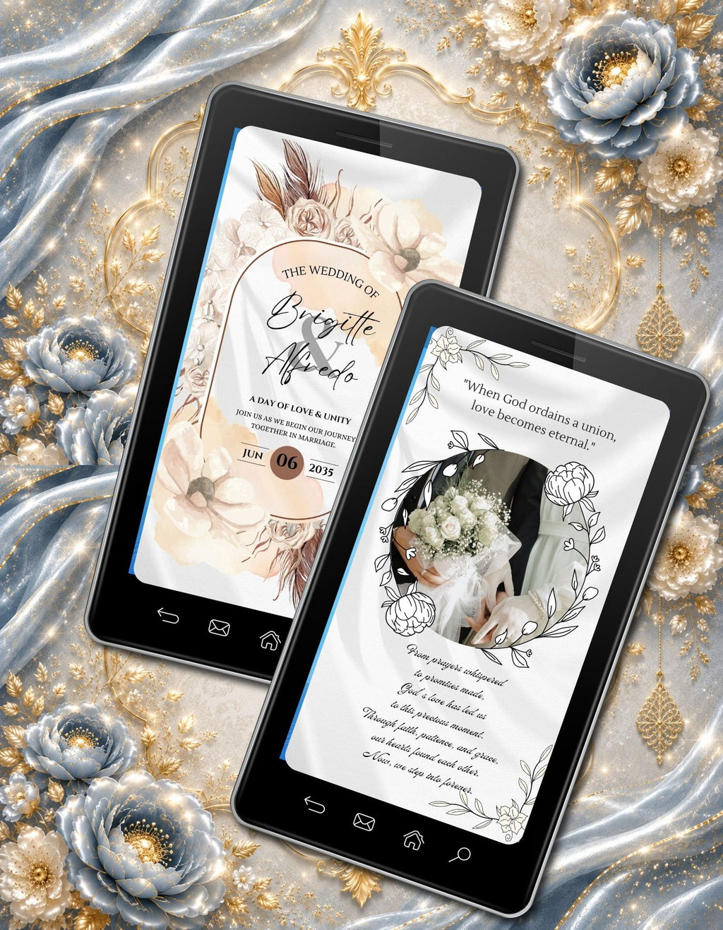 Christian Wedding Invitation Video Template Canva | Boho Pampas Monogram Ivory Floral | Church Schedule A Day of Joy | Personal Use