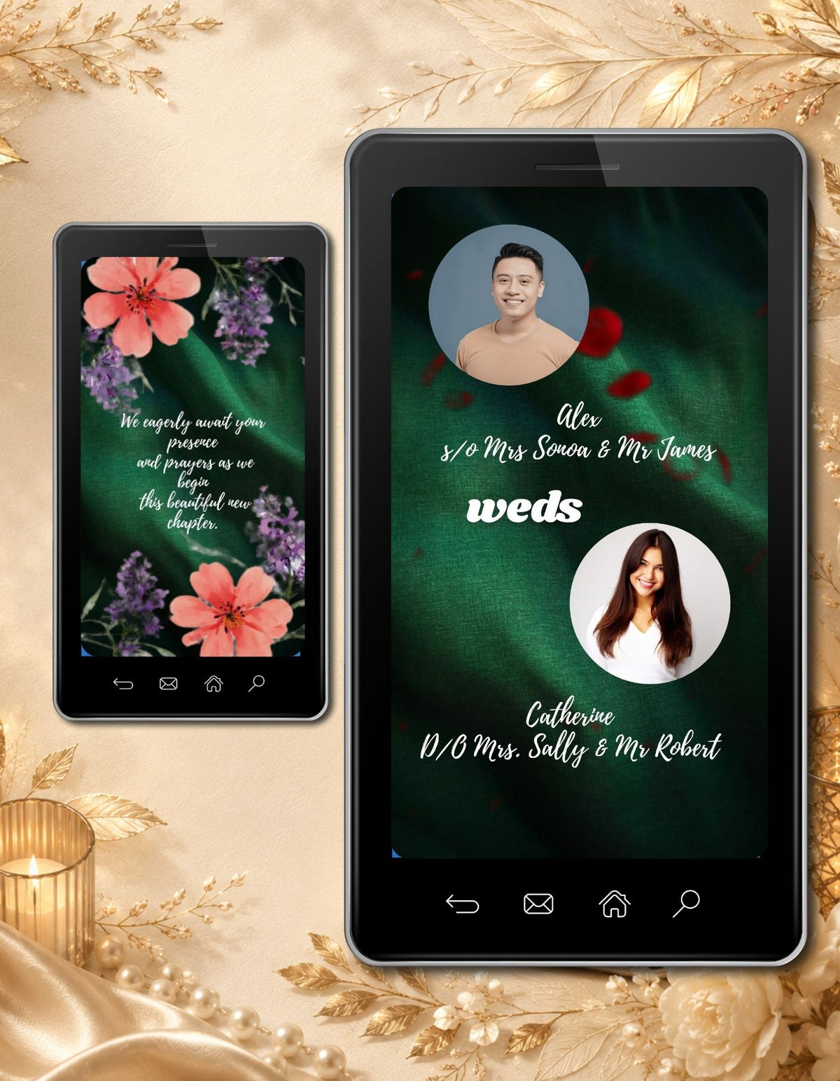 Christian Wedding Invitation Video Template Canva | Emerald Green Gold Neon Cross Monogram | A Blessed Celebration Church Schedule | Personal Use
