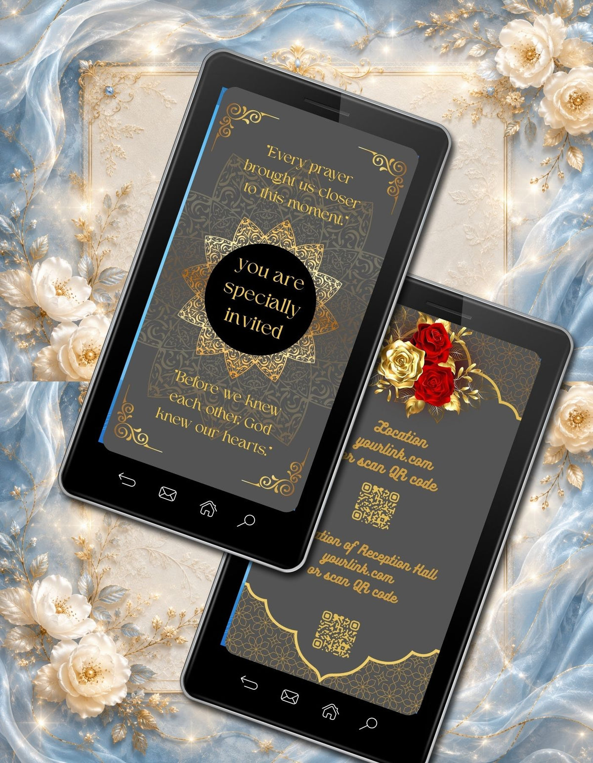 Christian Wedding Invitation Video Template Canva | Black Marble Gold Mandala Cross | Day of Blessings Church Schedule | Personal Use
