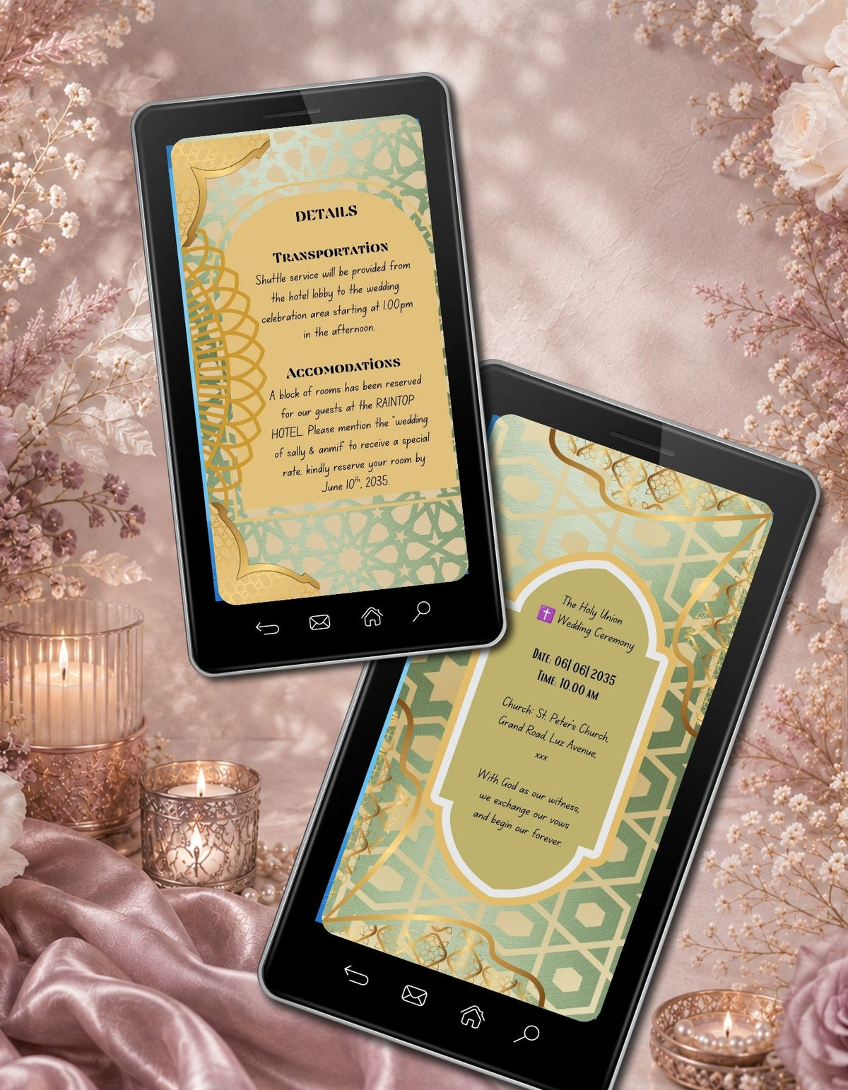 Christian Wedding Invitation Video Template Canva | Sage Green Gold Islamic Geometric | Holy Union Church Details & Day of Blessings | Personal Use