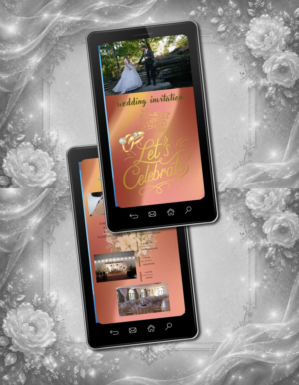 Christian Wedding Invitation Video Template Canva | Terracotta Coral Let's Celebrate Gold Ring | Join Us in Celebration Faith Quote | Commercial Use Licence