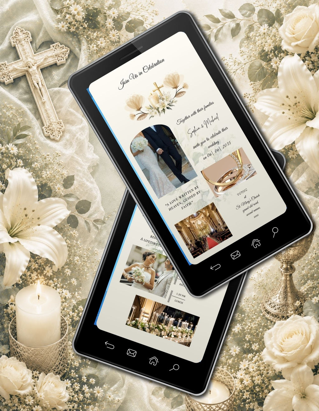 Christian Wedding Invitation Video Template Canva | Cream Ivory Gold Cross Magnolia | Join Us in Celebration A Beautiful Day Timeline | Personal Use