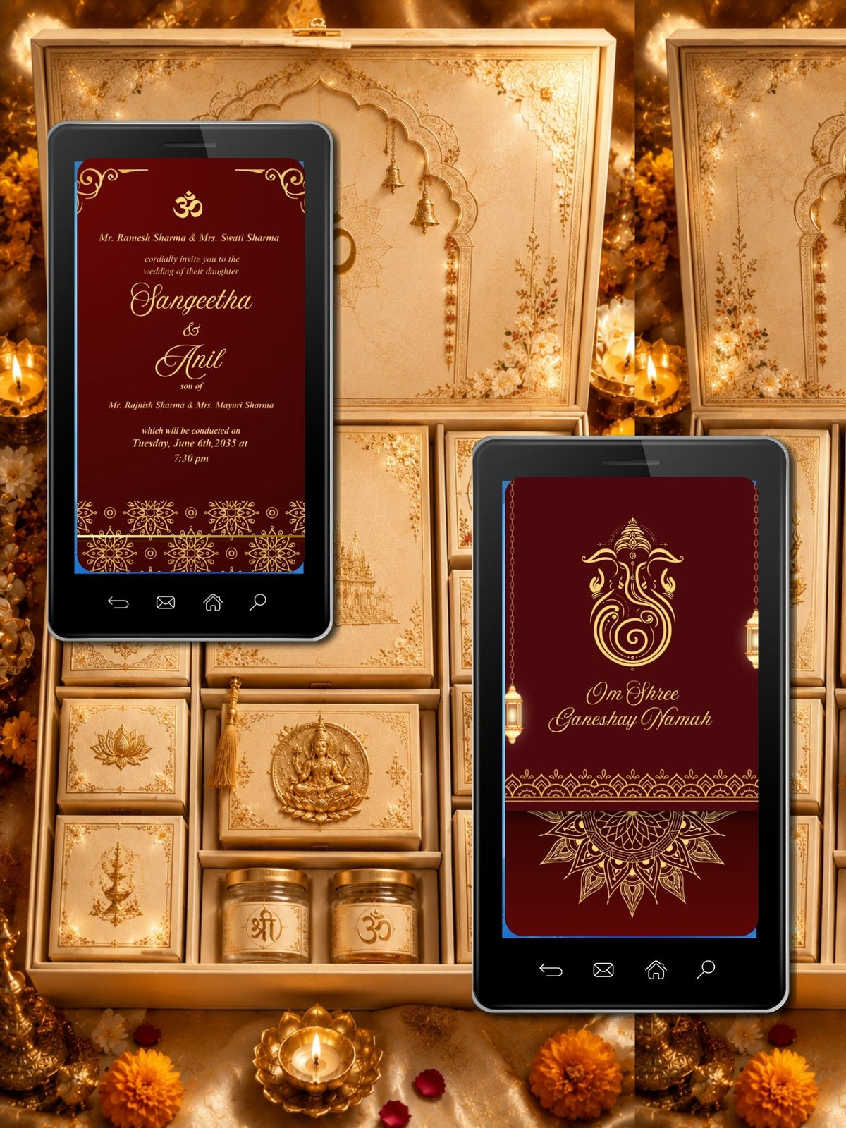 Hindu Wedding Invitation Video Template Canva | Maroon Gold Ganesha Om Shree Ganeshay Namah | Sangeetha Anil Functions Ceremonies Haldi Mehendi Sangeet | Personal Use