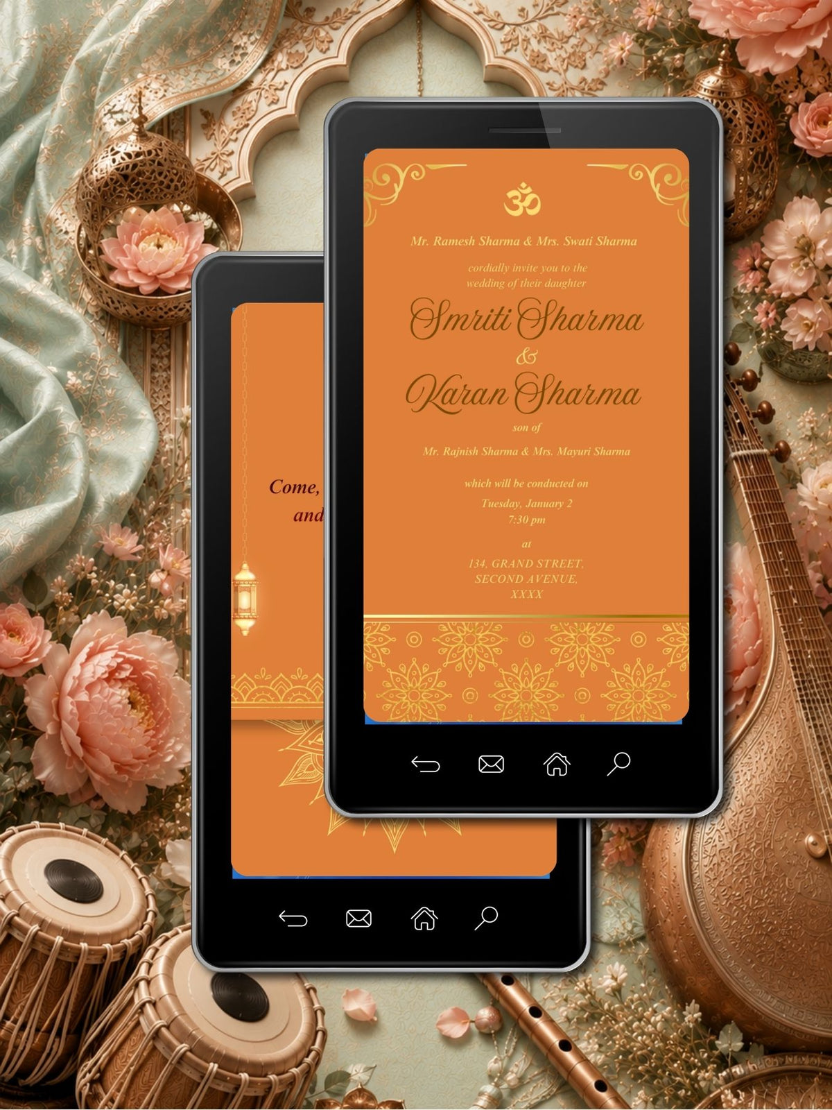 Hindu Wedding Invitation Video Template Canva | Saffron Orange Gold Om Symbol Filigree | Smriti Karan Sharma Convention Centre Location QR RSVP | Commercial Use Licence