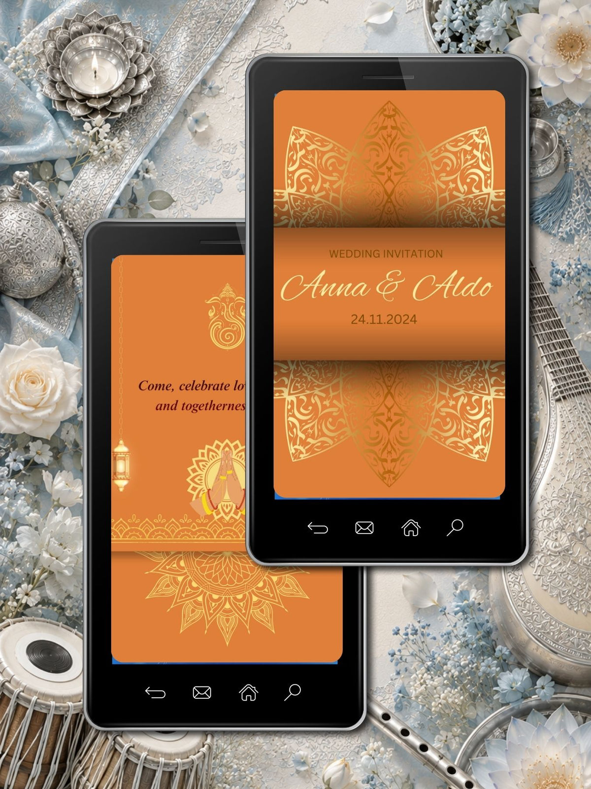 Hindu Wedding Invitation Video Template Canva | Saffron Orange Gold Om Symbol Filigree | Smriti Karan Sharma Convention Centre Location QR RSVP | Personal Use