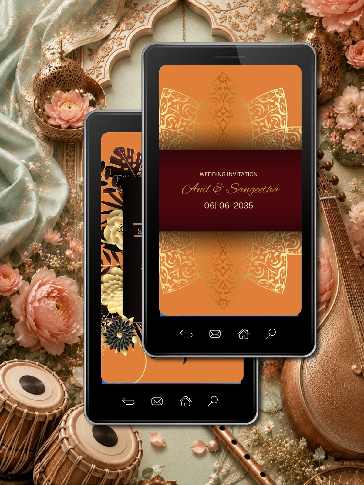Hindu Wedding Invitation Video Template Canva | Amber Orange Maroon Gold Arabesque Ganesha Om Shree | Anil Sangeetha Functions Ceremonies Haldi Mehendi Sangeet | Personal Use