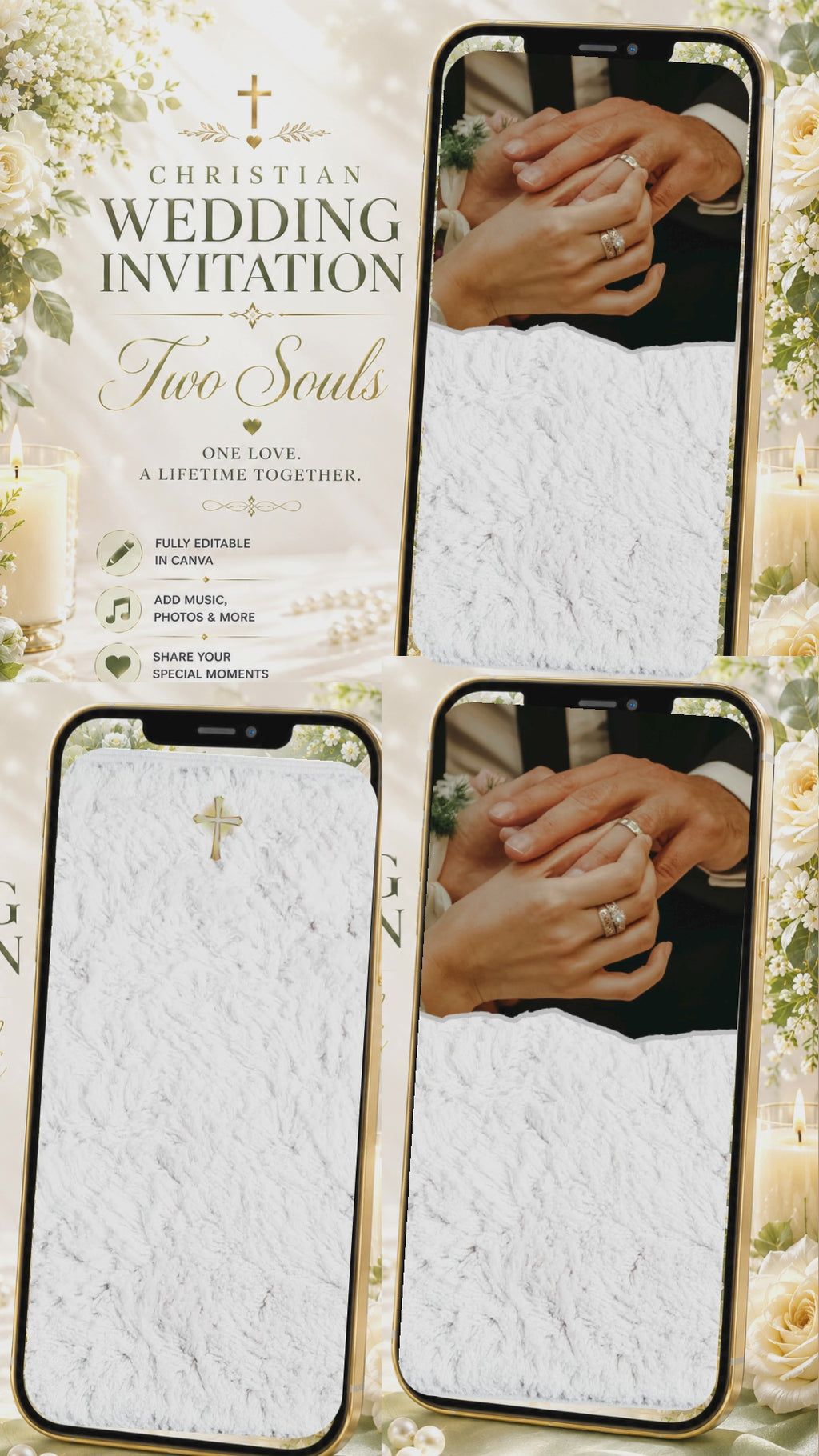 Christian Wedding Invitation Video Template Canva | White Marble Gold Cross Heart Scripture | Antonio Claudia Save the Date Timeline | Personal Use