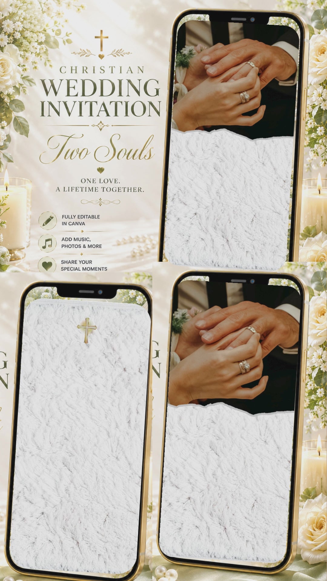 Christian Wedding Invitation Video Template Canva | White Marble Gold Cross Heart Scripture | Antonio Claudia Save the Date Timeline | Personal Use