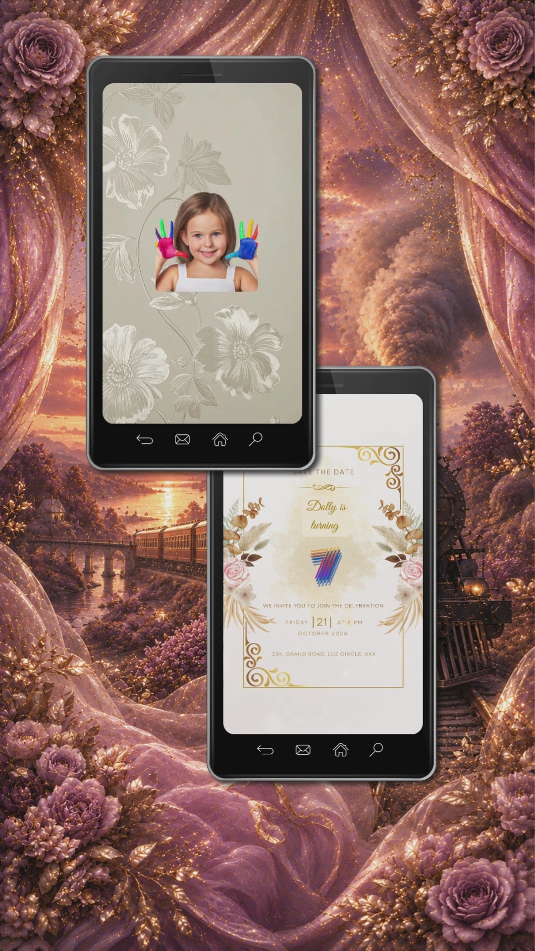 Vintage Floral Gold Birthday Invitation Video | Editable Canva Template | Elegant Rose Kids Party Invite | Instant Download
