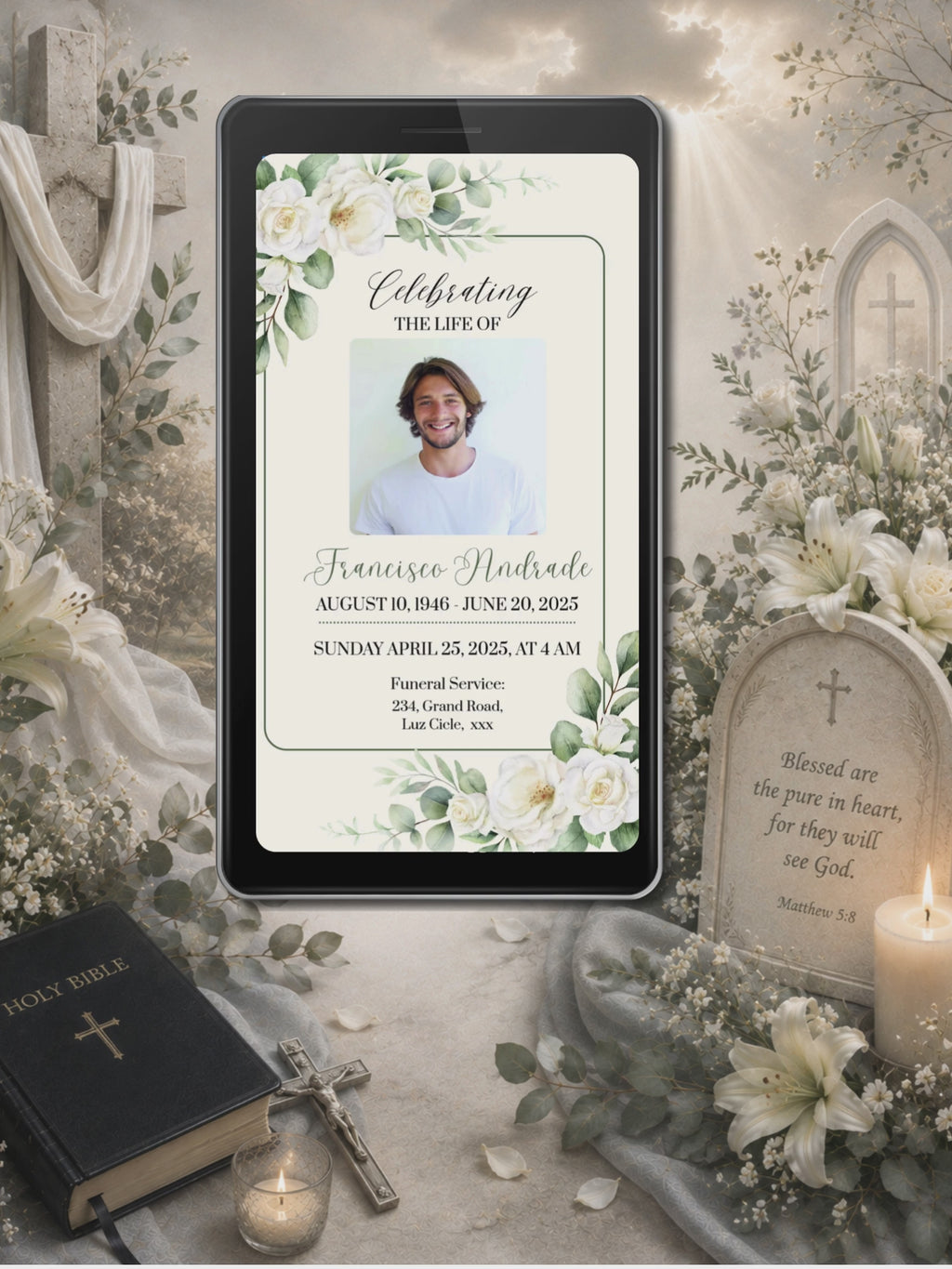 Cream Sage Greenery Funeral Service Video Invitation | Editable Canva Template | Celebrating the Life Of | Botanical Photo Invite | Instant Download