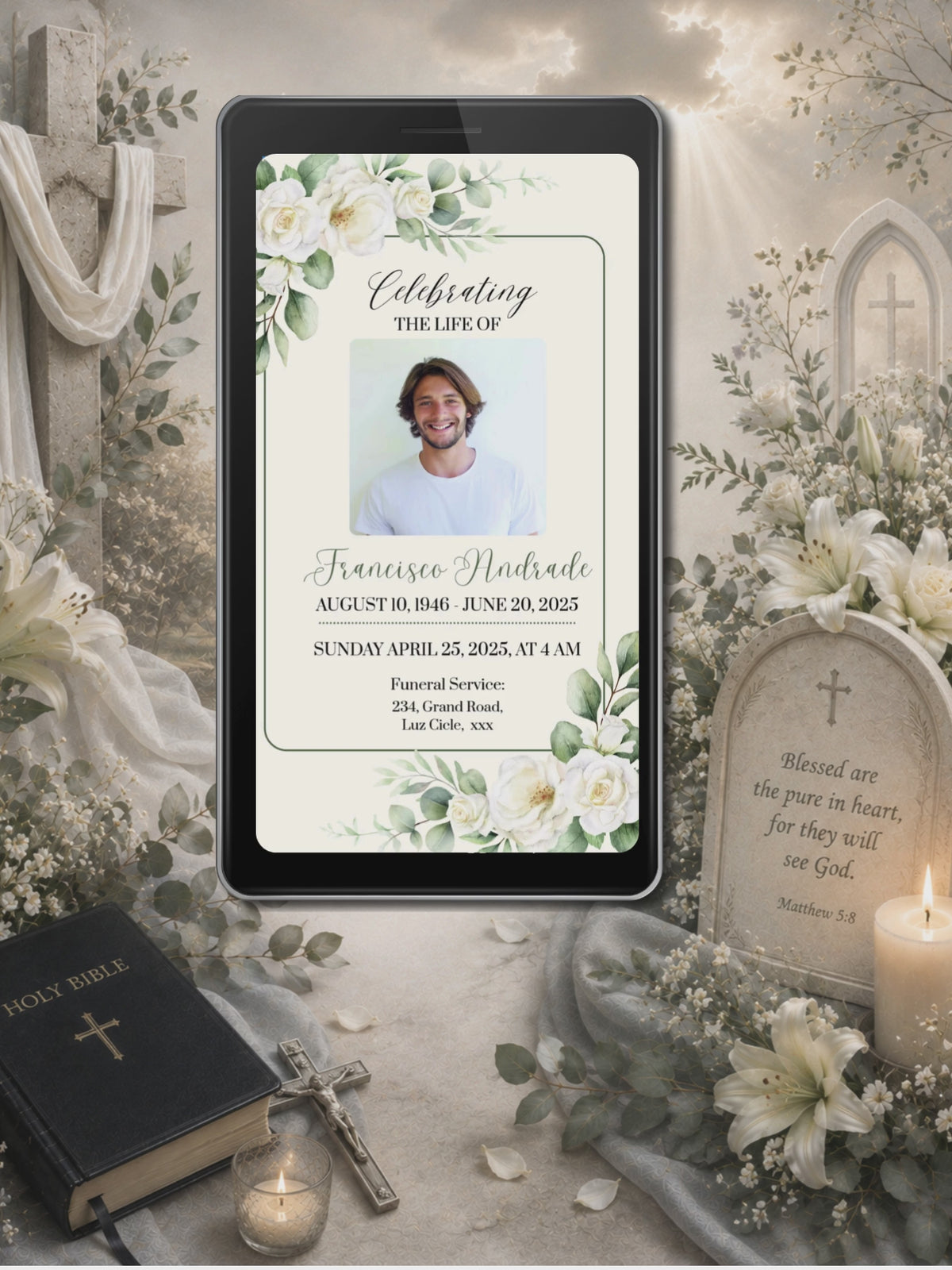 Cream Sage Greenery Funeral Service Video Invitation | Editable Canva Template | Celebrating the Life Of | Botanical Photo Invite | Instant Download