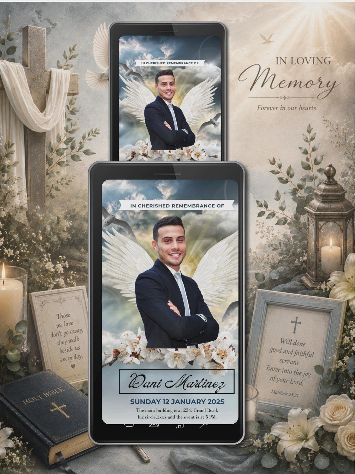 Angel Wings Sky Memorial Service Program Video | Order of Service | In Cherished Remembrance Of | Biography Pallbearers Eulogy | Editable Canva Template | Instant Download