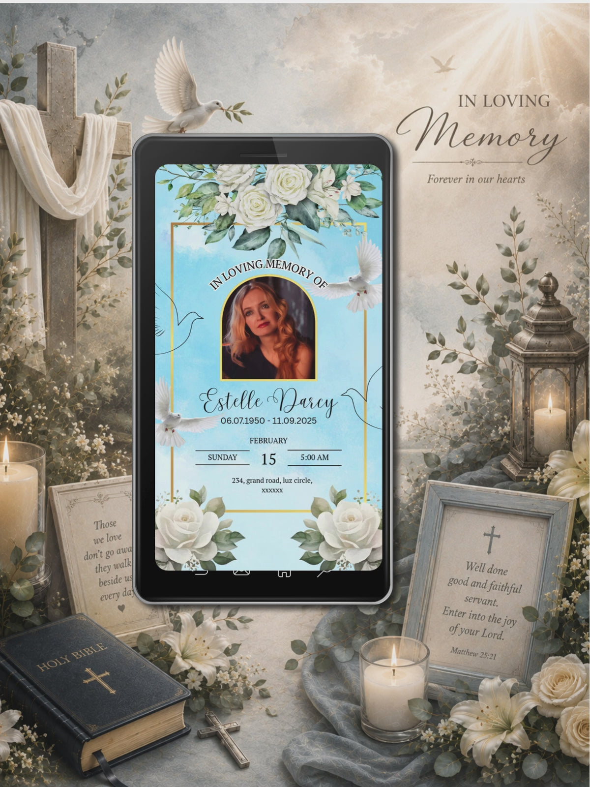 Sky Blue White Roses Dove Memorial Service Video Invitation | In Loving Memory Of | Gold Frame Arched Photo | Editable Canva Template | Instant Download