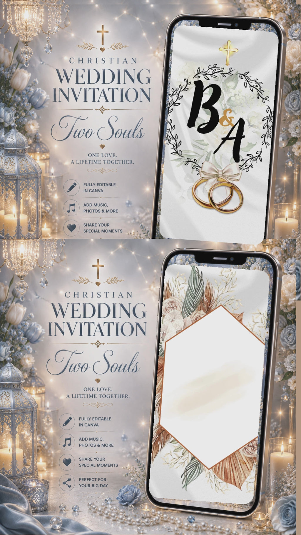 Christian Wedding Invitation Video Template Canva | Boho Pampas Monogram Ivory Floral | Church Schedule A Day of Joy | Personal Use