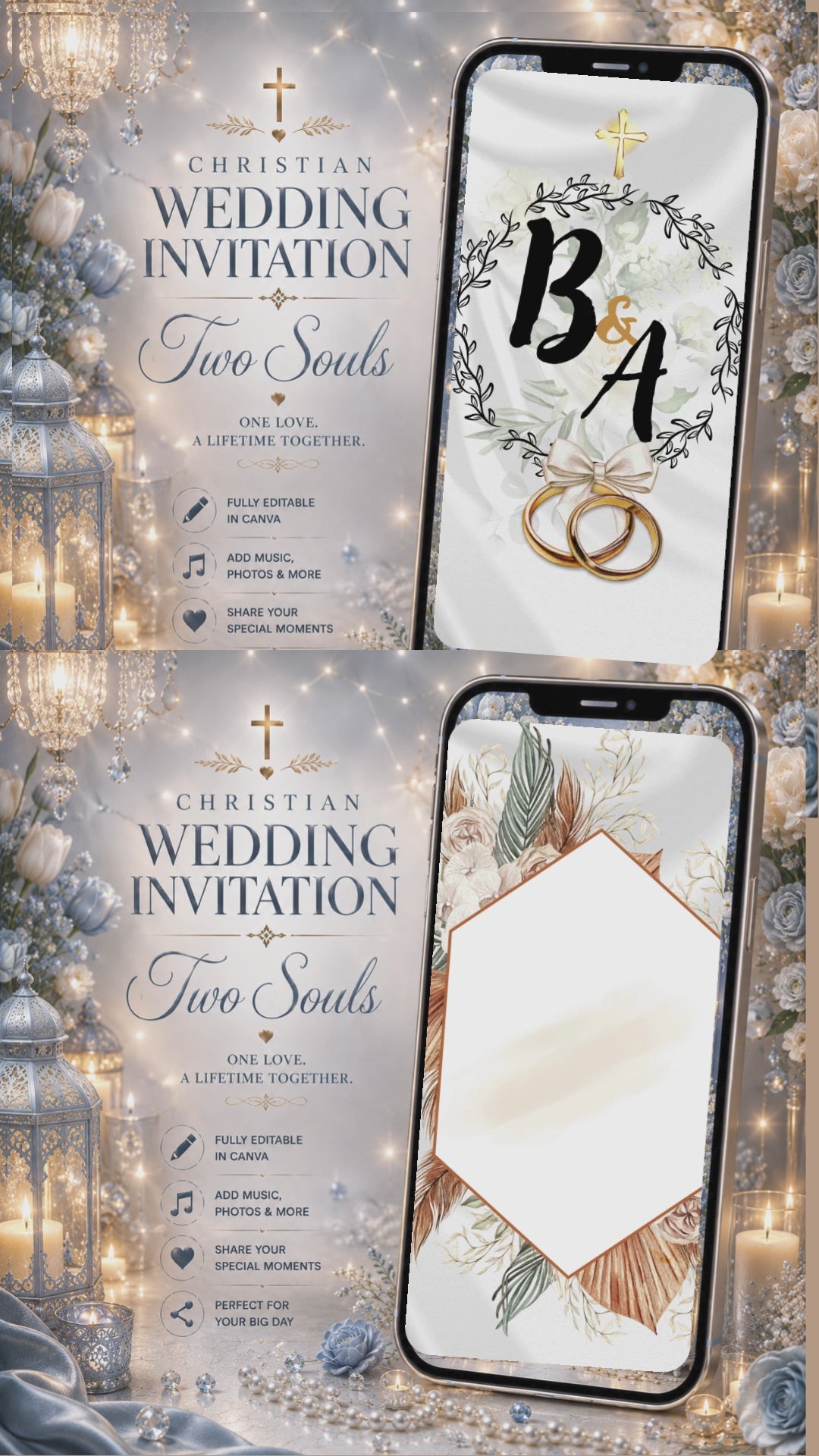Christian Wedding Invitation Video Template Canva | Boho Pampas Monogram Ivory Floral | Church Schedule A Day of Joy | Personal Use