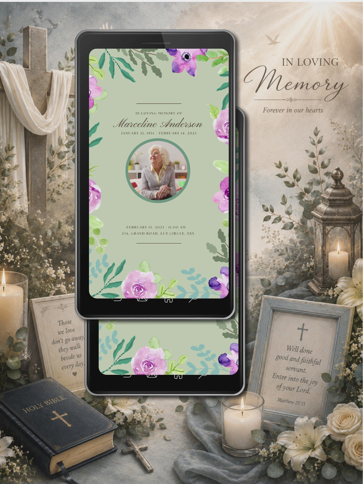 Sage Green Purple Lavender Watercolour Floral Memorial Service Video Invitation | Commercial License | In Loving Memory Of | Sell to Clients | Instant Download