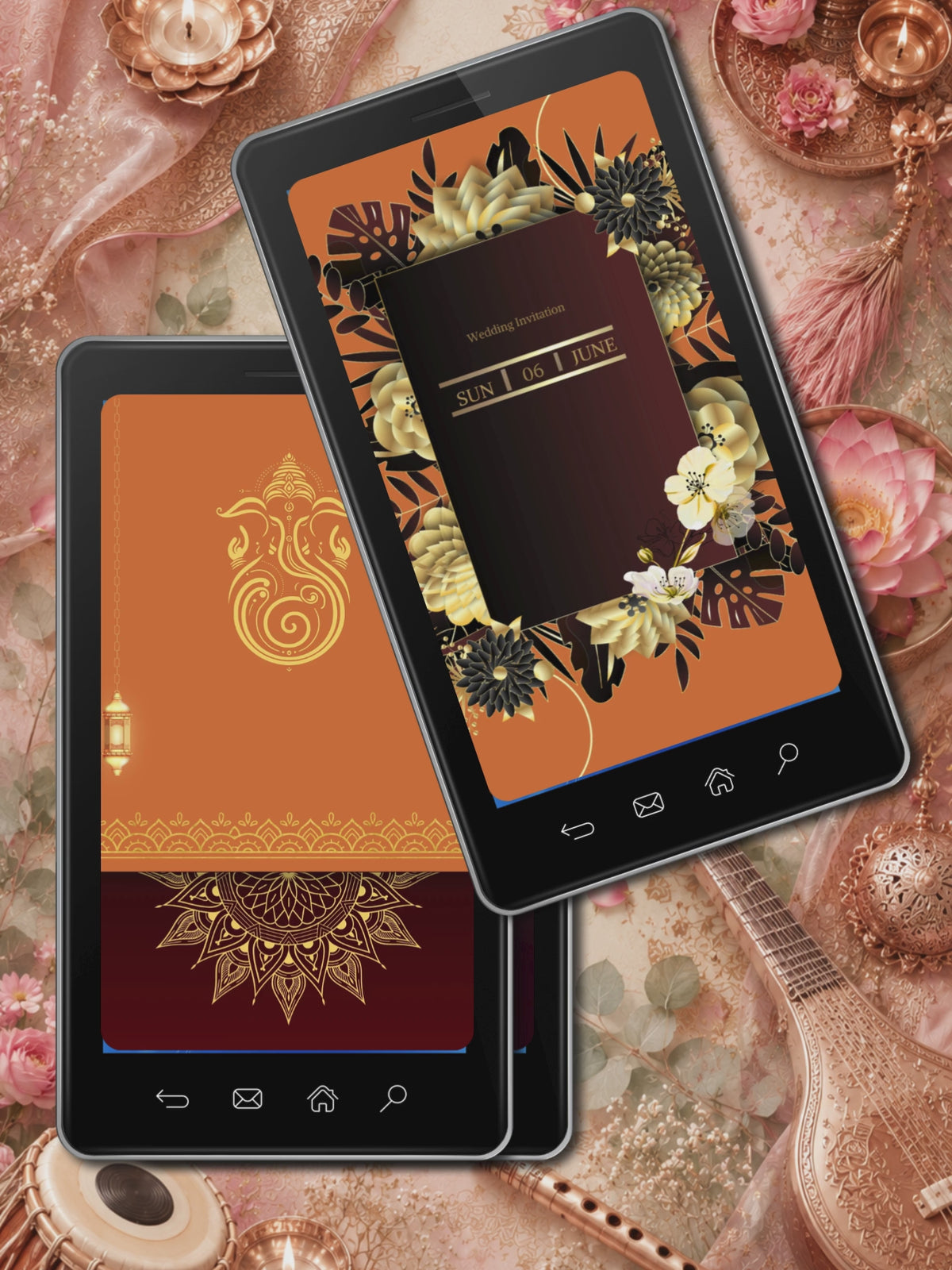 Hindu Wedding Invitation Video Template Canva | Amber Orange Maroon Gold Arabesque Ganesha Om Shree | Anil Sangeetha Functions Ceremonies Haldi Mehendi Sangeet | Personal Use
